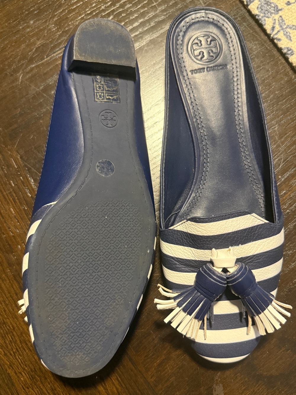 Tory Burch Blue White Striped Leather Tassel Slip-On Mule Flats, Size 7 - Picture 4 of 5